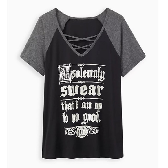 NWT TORRID HARRY POTTER I SOLEMNLY SWEAR BLACK STRAPPY RAGLAN TOP - Picture 6 of 7